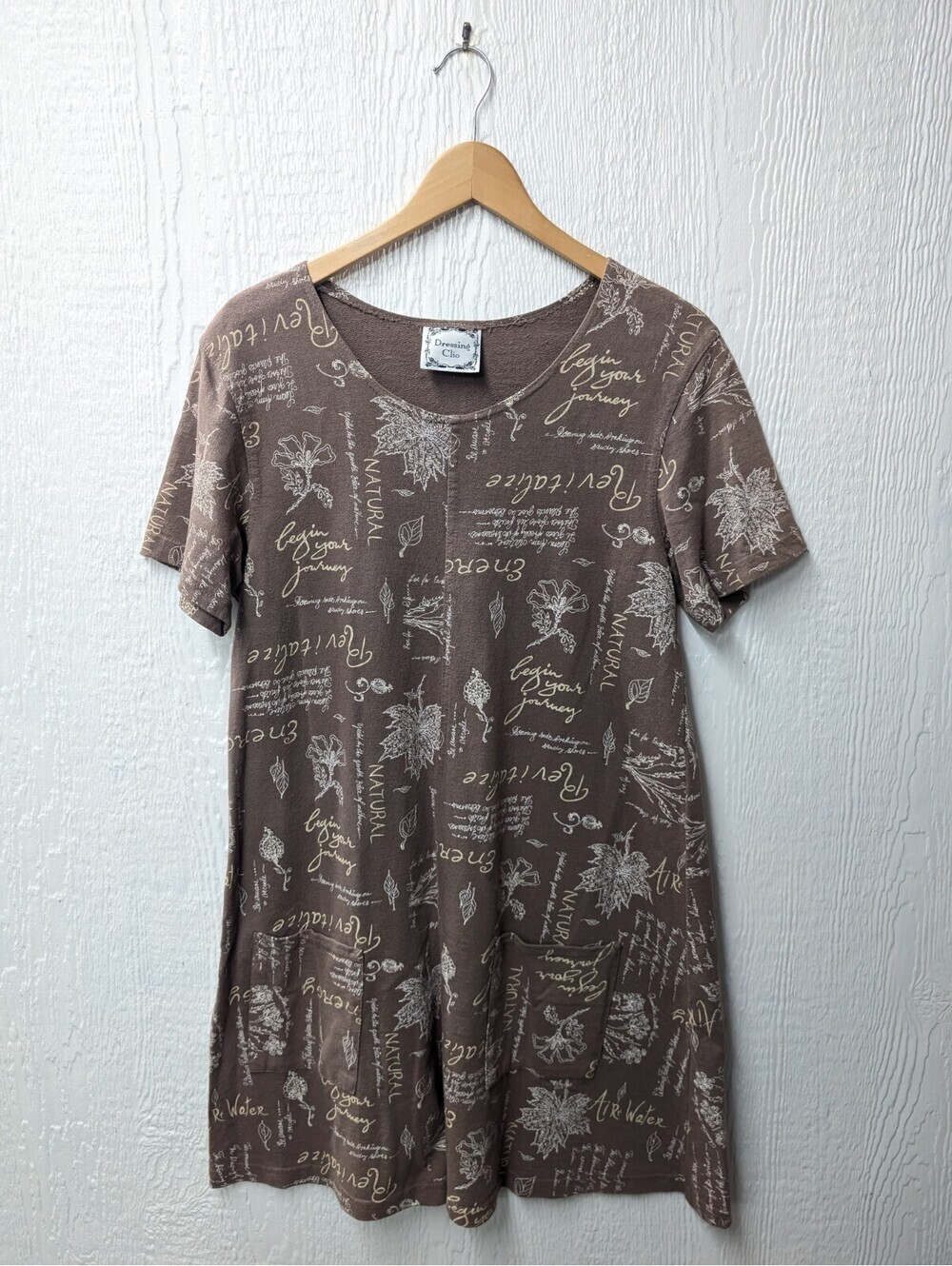 Vtg Dressing Clio 100% Cotton T-shirt Dress Floral Plants Mature Hippie Artsy L